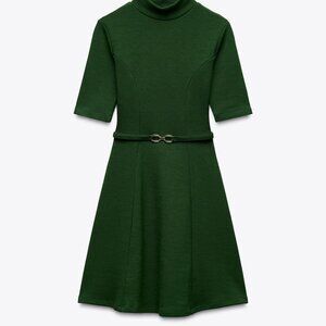 Zara Green Stretch Knit Skater Mini Dress with Belt – Size Large NWT Holiday